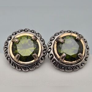 Peridot Stud Earrings Oxidized Silver Textured Band 5/8” Excellent Olive Green